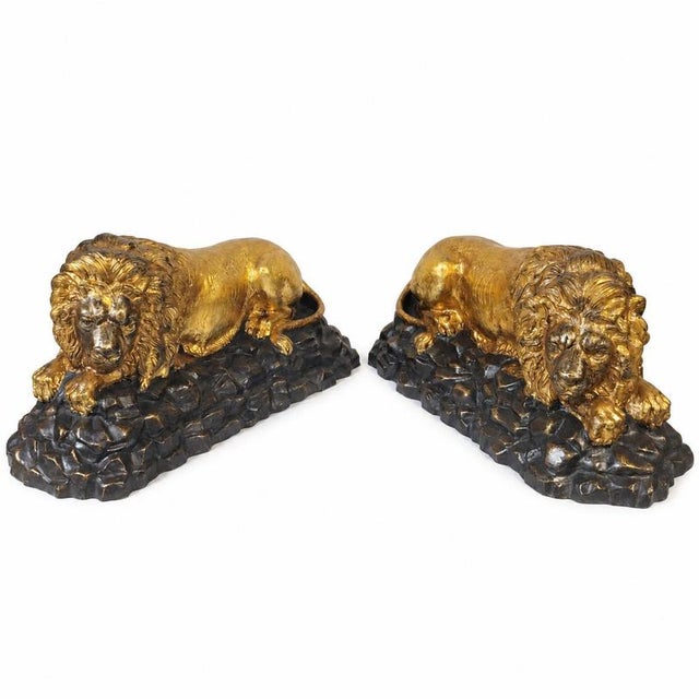 French School Artist, Reclining Lions, Gilded Bronze, Set of 2 For Sale - Image 3 of 9