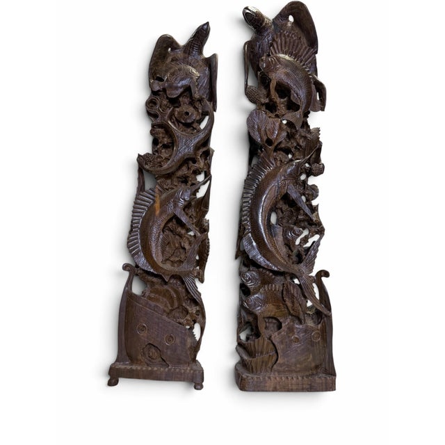 An extraordinary, true museum-quality pairing of two monumental mid-century style totem sculptures, masterfully hand-...