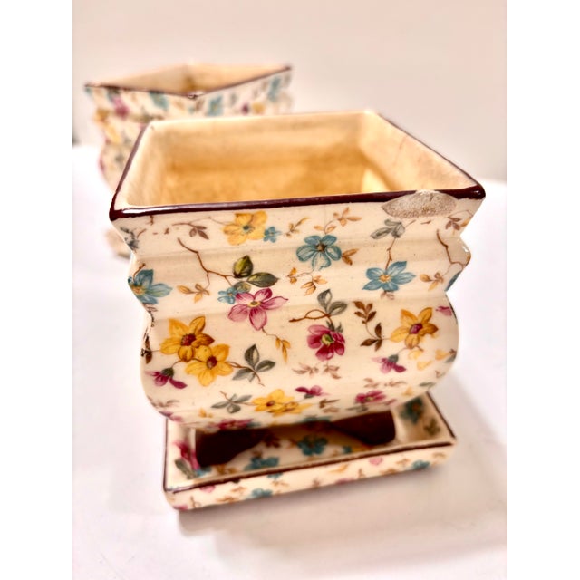 Mario Buatta Vintage Mid Century Erphila Czecho-Slovakia Chintz Flower Pots With Saucers, a Pair For Sale - Image 4 of 12