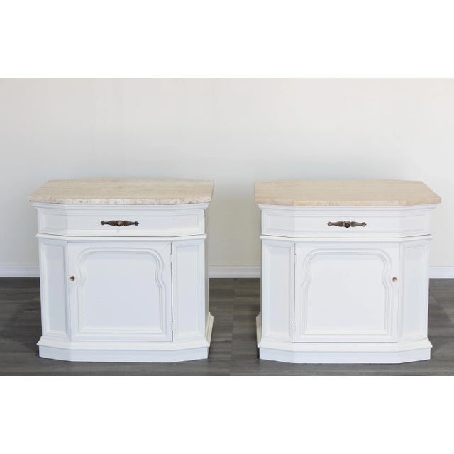 Mid century cream nightstands with travertine tops These nightstands are solid built with dovetail joints These...