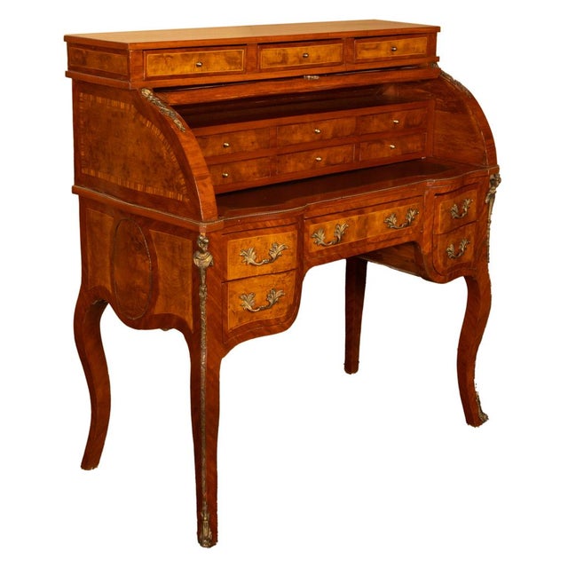 Antique French Louis XV Cylinder Marquetry & Ormolu Bureau Writing Desk 1880 For Sale - Image 11 of 17