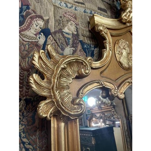 Grand French Style Gilt Mirror with Cherub and Plaques For Sale - Image 3 of 7