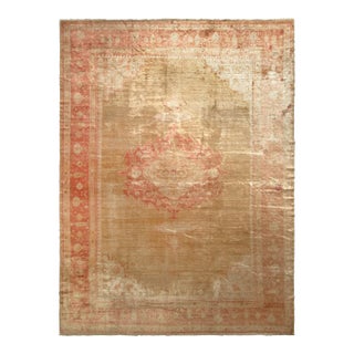 Hand-Knotted Antique Oushak Rug in Beige-Brown and Red Medallion Pattern For Sale