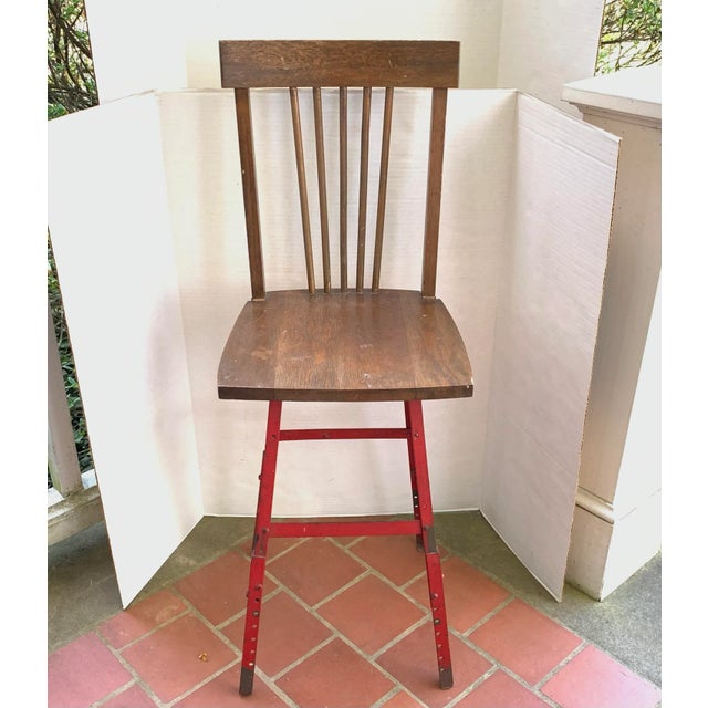 Vintage Industrial Stool Oak Wood and Red Steel For Sale - Image 12 of 12