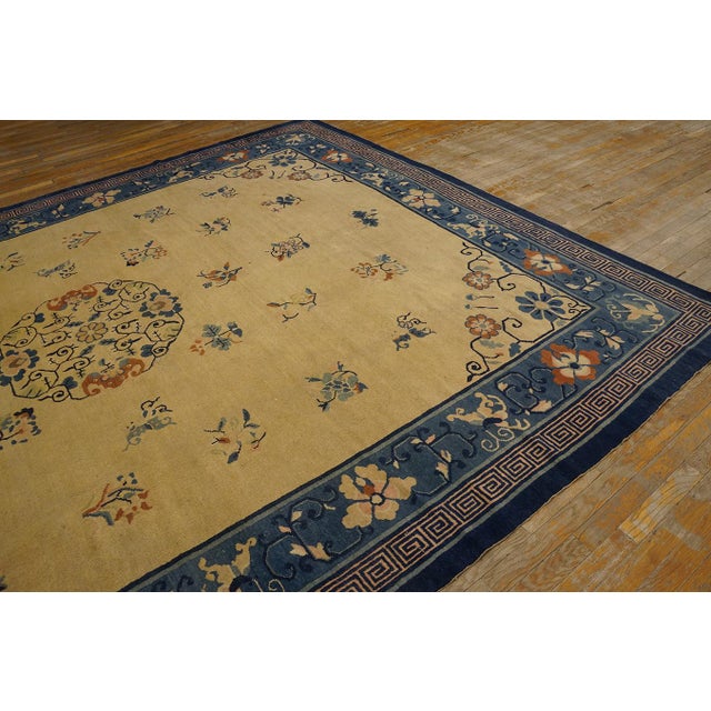1920s Antique Chinese Peking Chinese Floral Medallion Deco Ivory Rug For Sale - Image 9 of 11