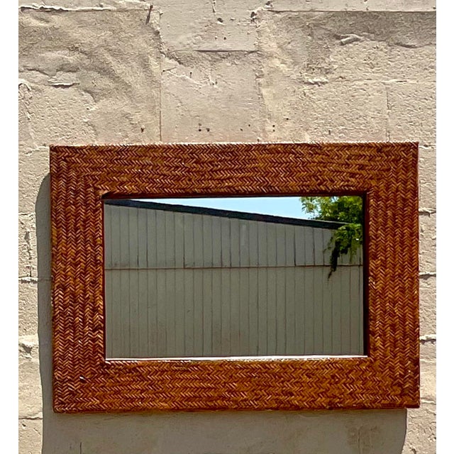 Vintage Coastal Chevron Weave Rattan Horizontal Mirror For Sale - Image 4 of 5