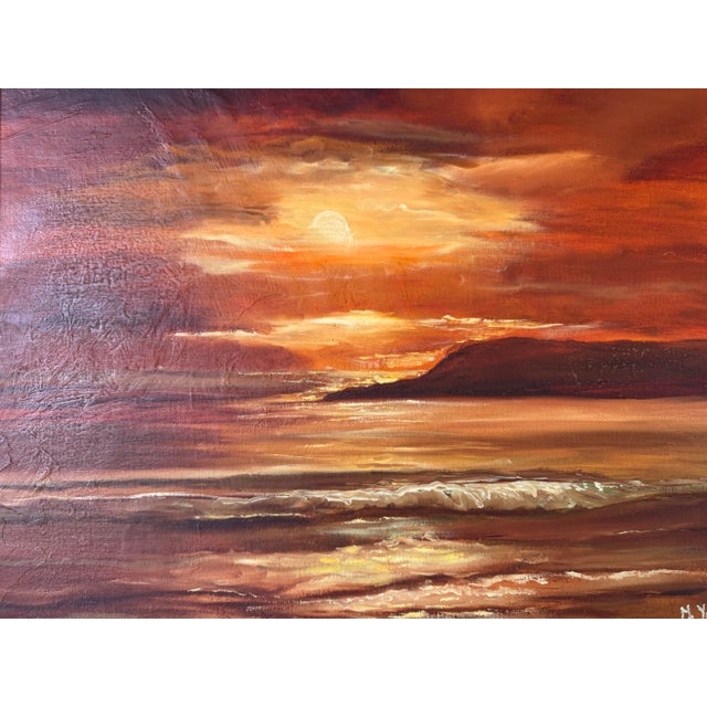 1980s 1980s Vintage M. Young Ocean Sunset Landscape Oil Paint – Framed For Sale - Image 5 of 11
