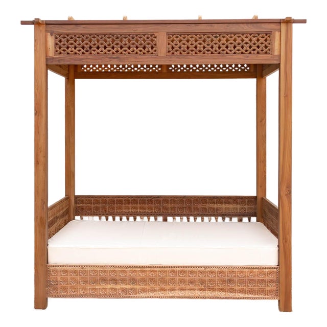 Monumental Reclaimed Teak Floral Jali Canopy Daybed For Sale