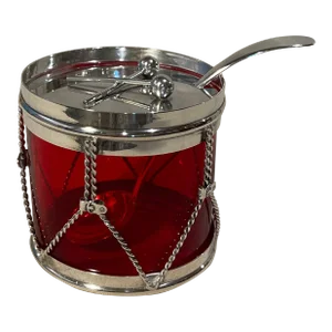 1930s Art Deco Sterling Silver-Mounted Red Glass Drum-Form Condiments Jar With Original Spoon