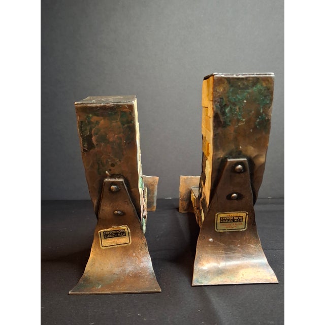 Vintage Mid-Century Eilon Mosaics Hand-Hammered Copper & Holy Land Stone Shofar Candlesticks For Sale - Image 10 of 15