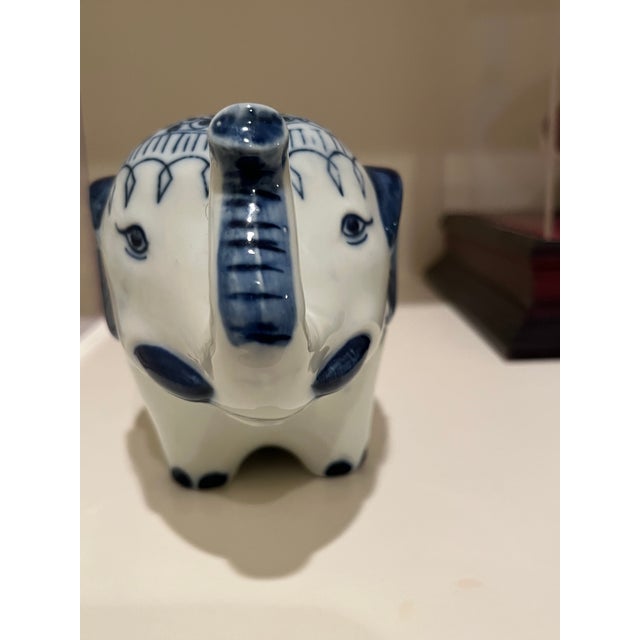 Vintage Exotic Blue and White Ceramic Elephant Piggy Bank For Sale - Image 4 of 7