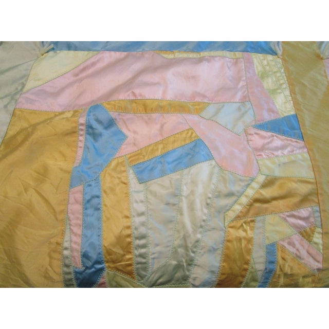 Vintage 60's Satin Crazy Quilt 15 Blocks Hand Tied Long Twin Percale Back Guc For Sale In Phoenix - Image 6 of 11