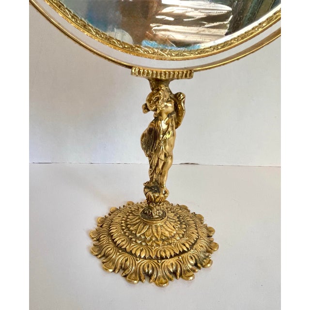 Rococo Art Nouveau Rococo Style Brass Female Figure Round Vanity Mirror For Sale - Image 3 of 12