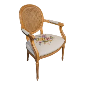 Louis XVI Style Fruitwood, Needlepoint Upholstered Seat and Caned Back Fauteuil