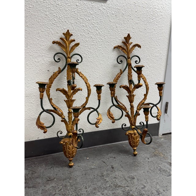 Italian Mid 20th Century Italian Gilt Metal Laurel Wreath Candelabra Sconces, Pair For Sale - Image 3 of 12