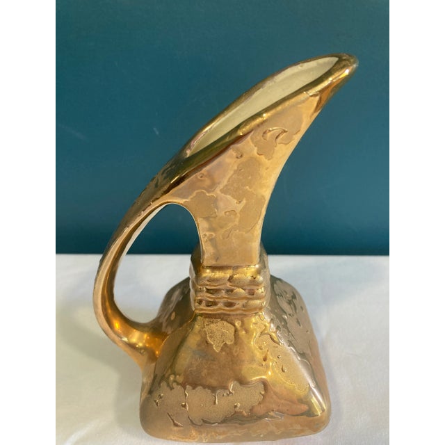 Mid-Century Modern Vintage Sculptural Gold Ceramic Pitcher – Modernist Decorative Vase For Sale - Image 3 of 8