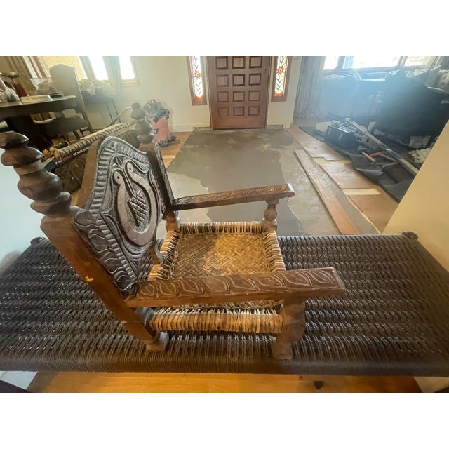 1910s Early 20th Century Folk Art Nuristan Hand Carved & Cane Cedar Low Chair For Sale - Image 5 of 8
