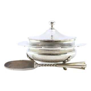 Silver and Glass Butter Dish with Edge Beading, Knob Lid and Twisted Handle Knife, Set of 2 For Sale