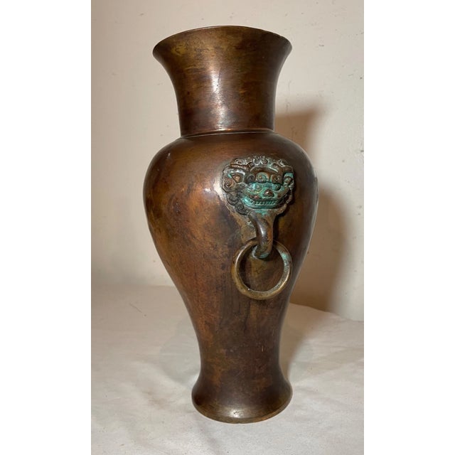 Chinese Antique 19th Century Chinese Foo Lion Dog Handle Dovetailed Bronze Vase Urn For Sale - Image 3 of 15