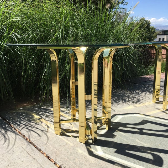 Vintage brushed brass and beveled octagonal glass tulip end tables, attributed to Milo Baughman for Design Institute of...