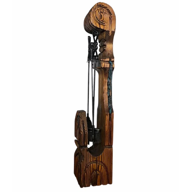 Brown Witco Tiki Mid Century Wood Carved Fireplace Tool Set With Brutalist Accent For Sale - Image 8 of 15