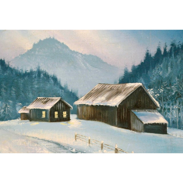 American Snowy Farm - Vintage Winter Cabin Landscape For Sale - Image 3 of 7