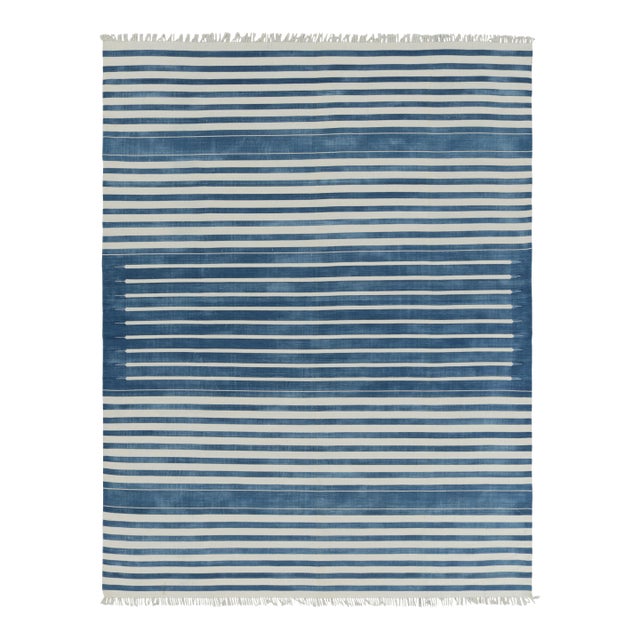 Rug & Kilim's Contemporary Dhurrie Rug in Dark Blue and White Stripes - 12x15 For Sale