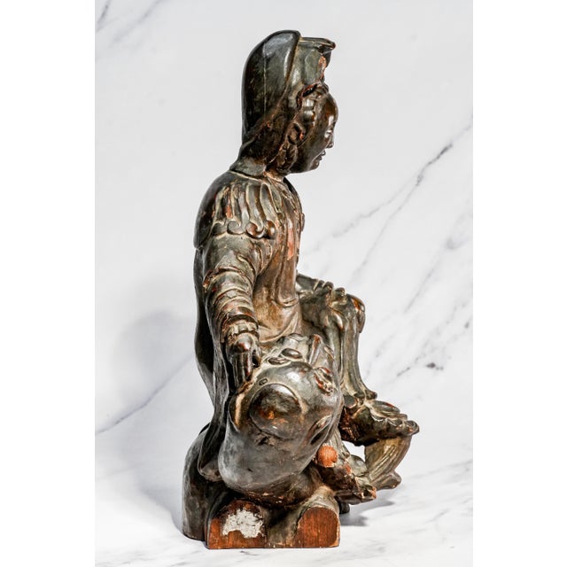 Black Hand Carved Large Antique Chinese Guanyin Wood Sculpture on Dragon Buddhist Asian Home Decor For Sale - Image 8 of 17