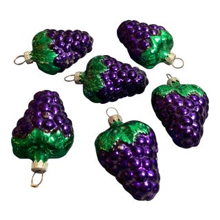 1950s Vintage West German Glass Grapes Christmas Tree Ornaments - Set of 6 For Sale