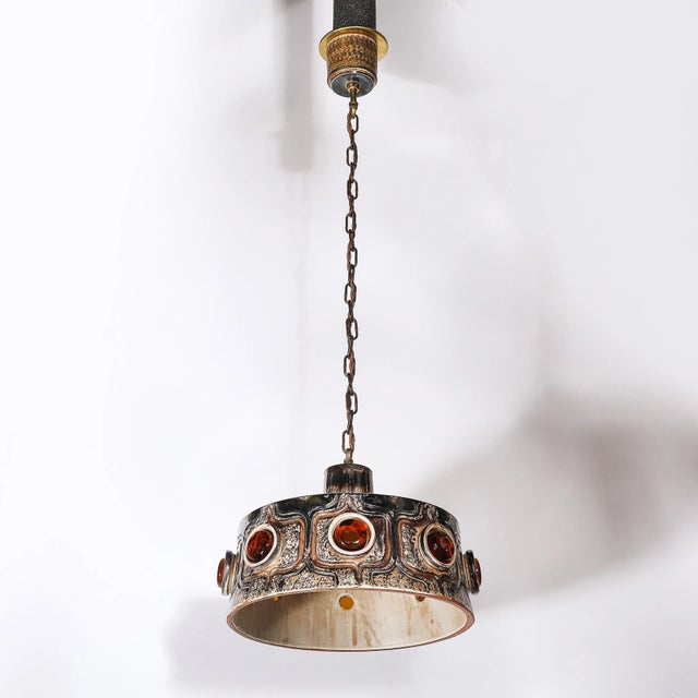 Mid-Century Cool Umber Glazed Ceramic Pendant Chandelier With Amber Glass Detail For Sale - Image 9 of 15