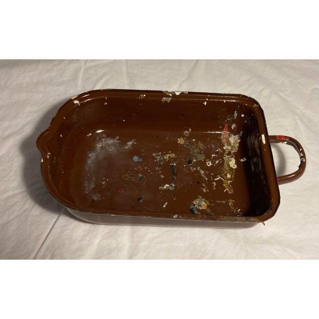 Burnt Umber Vintage Enamelware Shallow Dish With Single Handle and Spout Small Feet at Bottom For Sale - Image 8 of 8