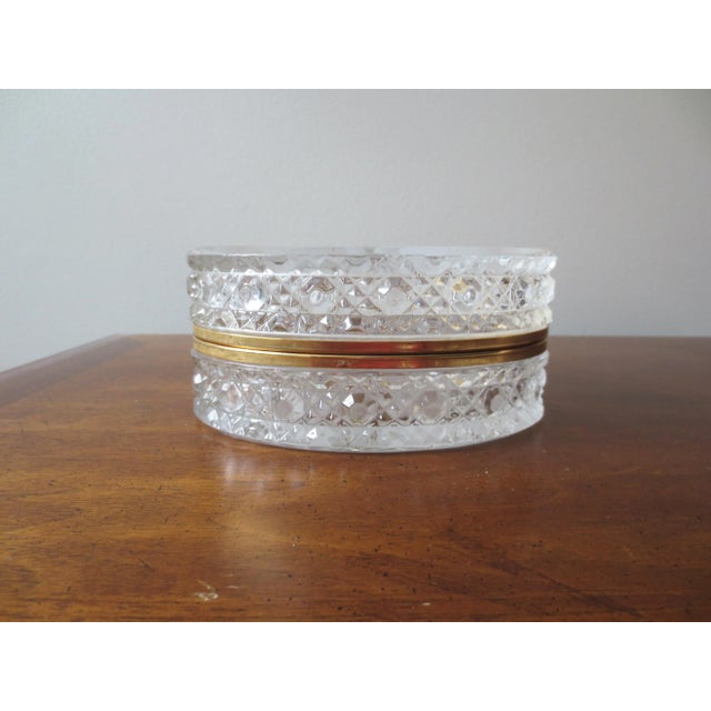 Vintage Crystal Glass Round Gold Color Hinged Dresser Box Frosted Fruit The lovely box measures 6 inches long 4.375 inches...