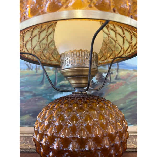 Vintage Mid Century Modern Amber Glass Lamp With Diamond Point