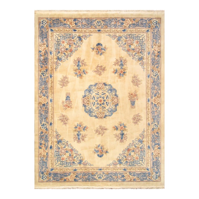 2020s Pasargad Home Art Deco Ivory/Blue Wool Area Rug- 8'10" X 11'10" For Sale