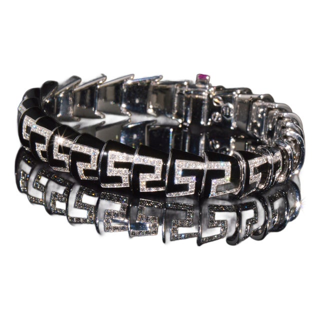 Late 20th Century Authentic Roberto Coin Cobra 1.78ct Diamond & Black Enamel Bracelet in Solid 18k White Gold For Sale