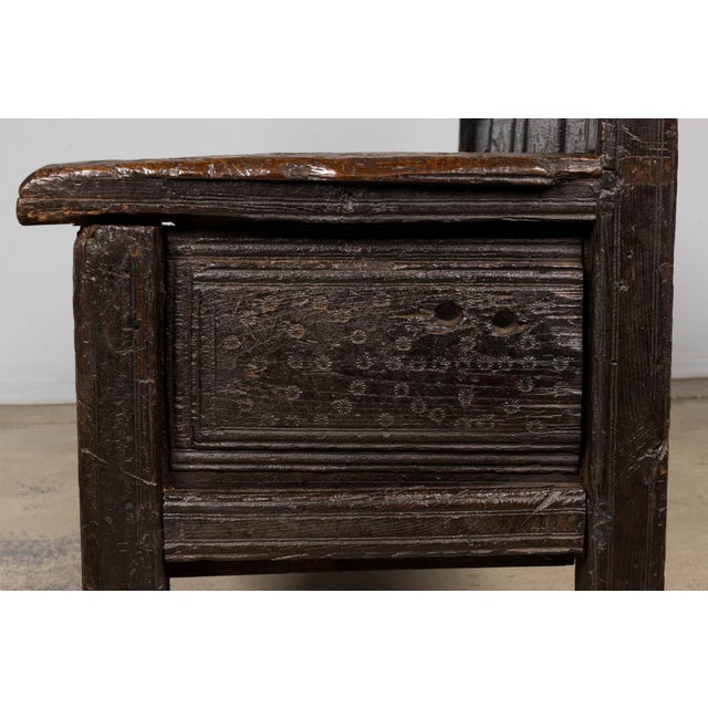 18th Century Spanish Rustic Oak Bench With Carved Panels and Dark Patina For Sale - Image 16 of 18