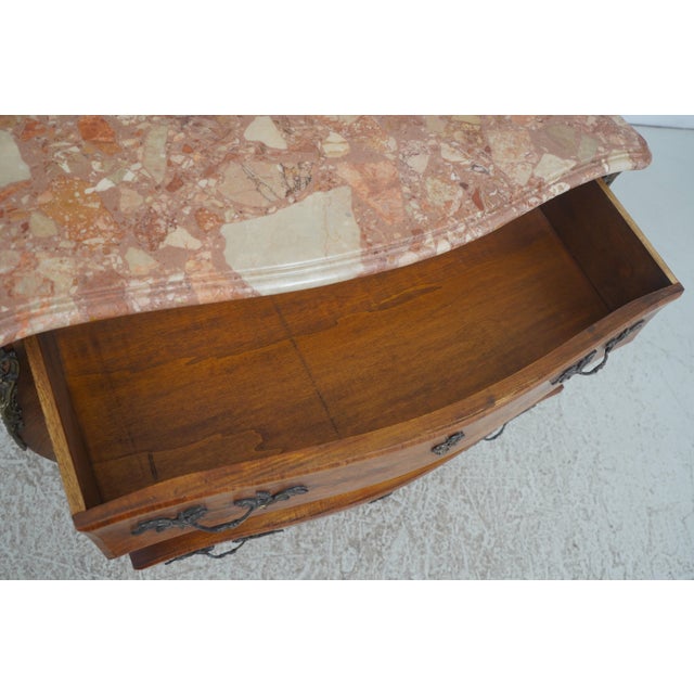 Vintage French Louis XV Style Bombe Marble Top Commode Chest For Sale - Image 4 of 18