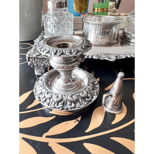 Set of 4, Antique silverplate inkwell stand with crystal diamond cut inkwells // pen and ink // desk accessory // silver on copper For Sale - Image 13 of 15