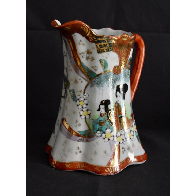 Ceramic Antique Porcelain Pitcher Japanese Kutani Geisha Ware Hand Painted Gold Red Jug For Sale - Image 7 of 12