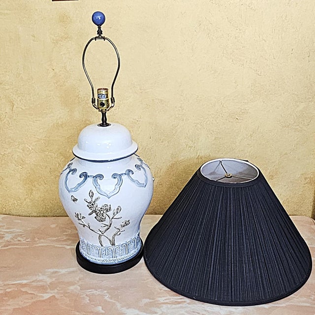 Late 20th Century Chinese Chinoiserie Porcelain Table Lamp With Relief Floral Motif & Black Shade, 30"h For Sale - Image 15 of 18