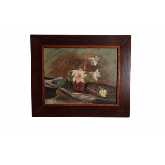1930s California Impressionist/Tonalist Still Life Oil Painting by Julia Rideout – Framed Moody Floral on Canvas Board For Sale - Image 12 of 12