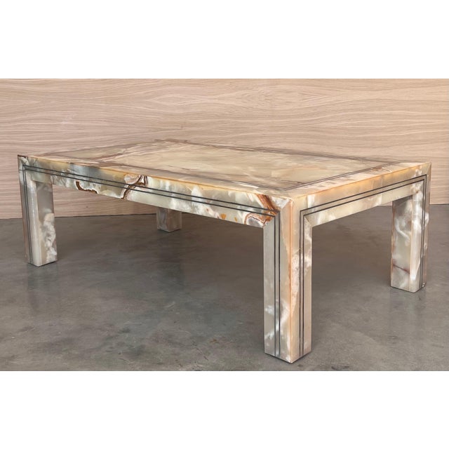 White Early 20th Rectangular Green Onyx Coffee table with Metal Marquetry For Sale - Image 8 of 18