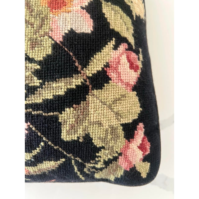 Mid 20th Century Vintage Black Floral Needlepoint Pillow For Sale - Image 5 of 9