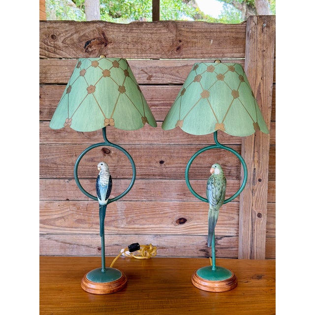 Vintage Coastal Regency Verdigris Parakeet Table Lamps With Scalloped Metal Shades-Pair For Sale - Image 11 of 11