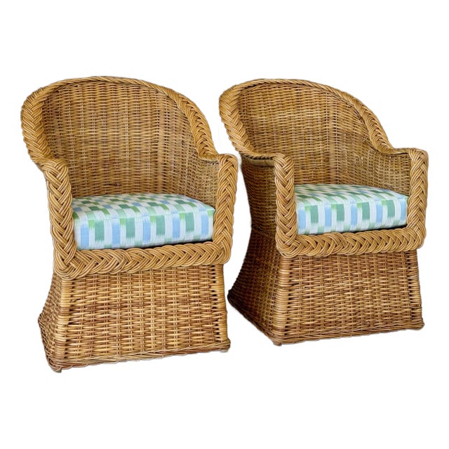 Late 20th Century Restored Rattan Braid Side Chairs Newly Upholstered-Pair For Sale