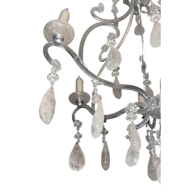 1950's Italian Silvered Wrought Iron and Rock Crystal Chandelier For Sale - Image 4 of 6