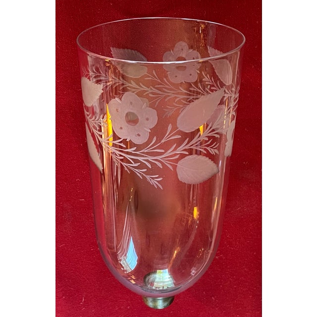 Large antique English Regency blown glass hurricane shade for wall sconce or candle stick. Decorated with etched foliate...