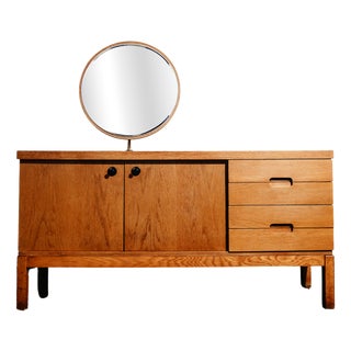 Vintage Oak Sideboard with Circular Mirror, 1960s For Sale