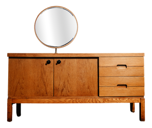 Vintage Oak Sideboard with Circular Mirror, 1960s