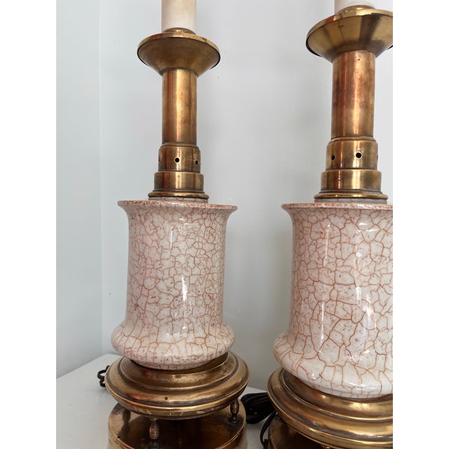 Mid 20th Century Stiffel Mid-Century Modern Crackle Glazed Brass Table Lamps - A Pair For Sale - Image 5 of 11